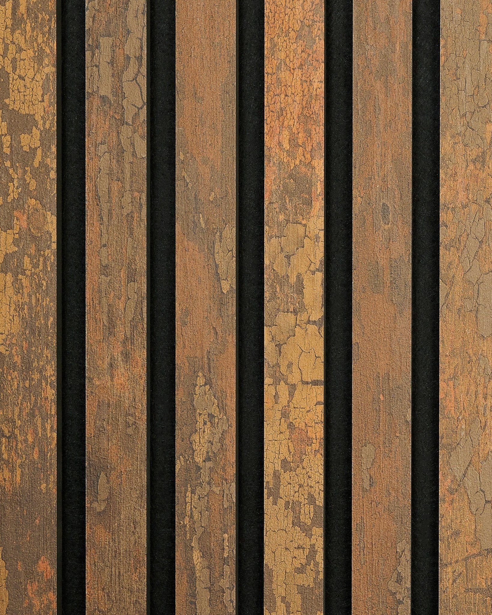 The Rebel | Sample / Copper Oxide by WoodUpp displays rustic brown vertical acoustic panel planks with a weathered, vintage appearance.